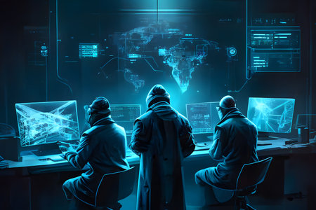 Back view of hacker in hoodie using digital interface. Hacking and malware concept. double exposureの素材