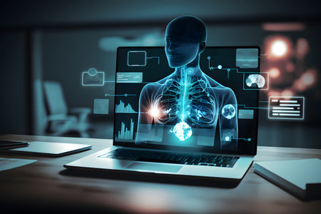 Laptop screen with x-ray image of human body. 3d renderingの素材