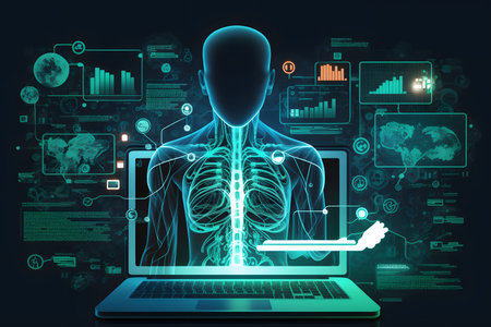 Conceptual image with human body and medical icons on media screenの素材
