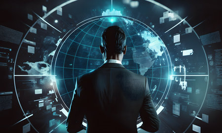 Back view of businessman working with virtual panel. technology concept. 3D Renderingの素材