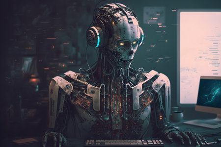 Cyborg working on computer in a dark room. 3d renderingの素材