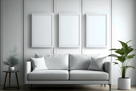Modern bright interiors 3D rendering illustration with mockup poster frame on wallの素材