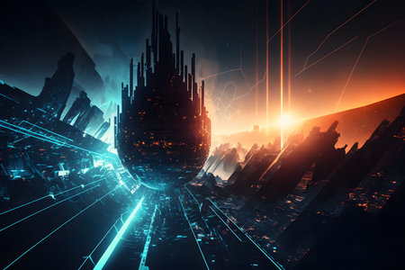 Futuristic city with glowing lights and high tech buildings. 3D renderingの素材