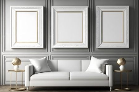 White sofa in classic interior with empty frames on the wall. 3d renderの素材