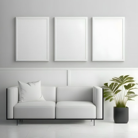 Interior of modern living room with white sofa, plant and empty poster on the wall. 3d renderの素材
