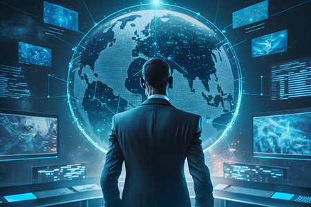 Back view of young businessman looking at abstract digital globe hologram. Technology and big data concept. double exposureの素材