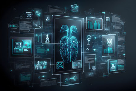 Digital medical interface on blue background 3D rendering toned image double exposureの素材