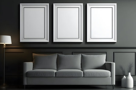 Interior of living room with gray walls, concrete floor, comfortable white sofa and mock up poster frames. 3d renderingの素材