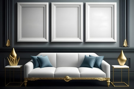 Classic living room interior with a white sofa, gold and blue pillows. 3d renderの素材