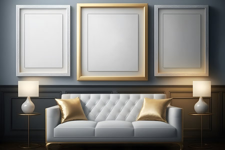 Interior of classic living room with white sofa, lamp and mock up poster frame. 3d renderの素材