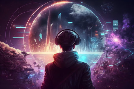 Young man wearing virtual reality headset against futuristic background. Future technology conceptの素材