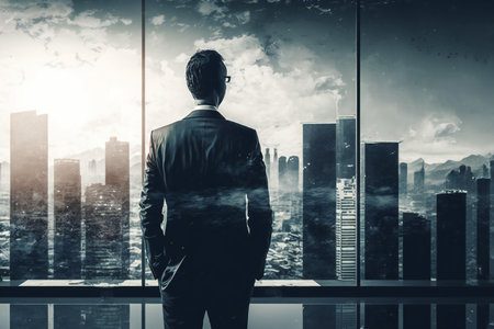 Back view of young businessman looking at cityscape and sunlight. Success conceptの素材
