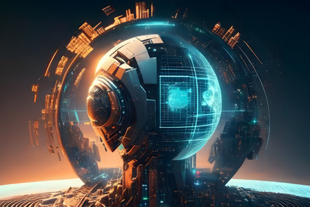 Futuristic technology interface. 3d rendering toned image double exposureの素材