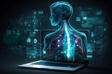 Laptop with human body and medical icons on dark background 3D renderingの素材
