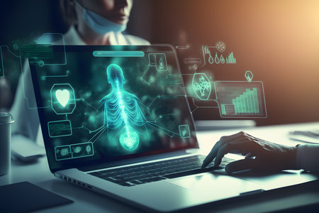 Woman using laptop with hologram screen. Medicine and healthcare concept. 3D Renderingの素材