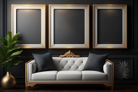 Luxury sofa in classic interior with empty frames. 3d renderの素材