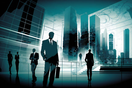 Silhouettes of business people walking in the city. business ideaの素材