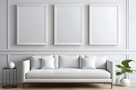 interior with white sofa, mock up poster frame, 3d renderの素材