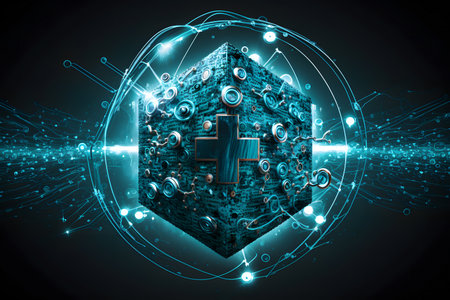 protection concept. Shield with digital code. 3D Renderingの素材
