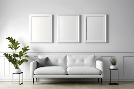 Interior of living room with white sofa and mock up poster frame on wall. 3d renderの素材