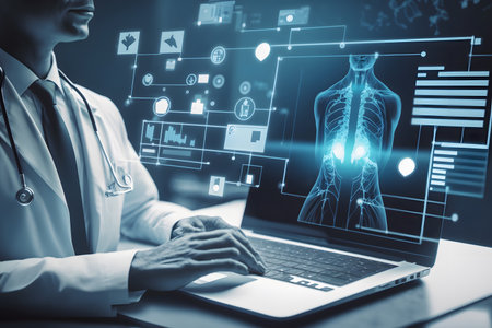 Close up of female doctor typing on laptop with glowing medical interface. medicine concept. double exposureの素材