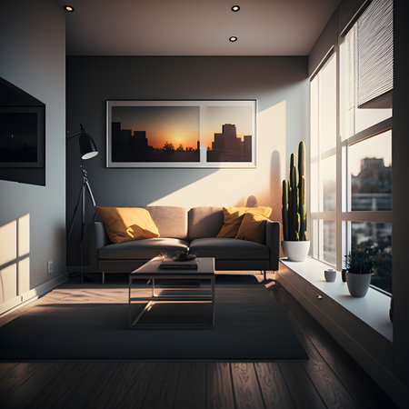 Interior of modern living room with gray walls, wooden floor, brown sofa and window with city view. 3d renderingの素材