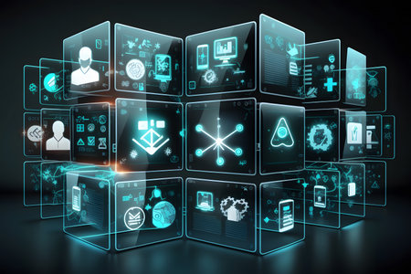 Digital business interface with icons on dark background 3D rendering toned imageの素材