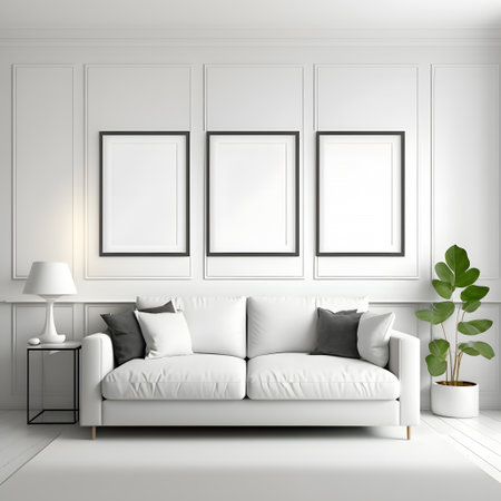 Interior of modern living room with white sofa and mock up poster frame. 3d renderの素材