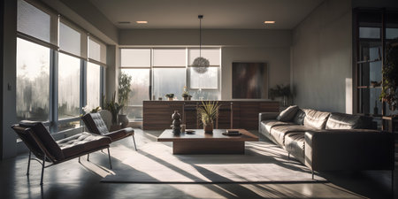 Interior of modern living room with panoramic window. 3D renderingの素材