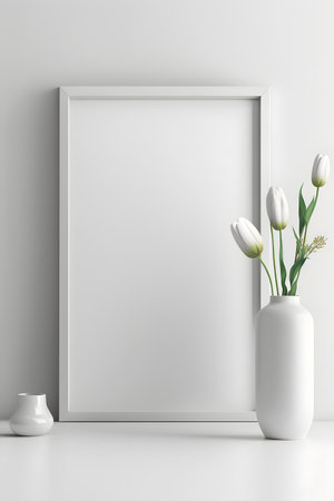 3d render of frame mockup in modern interior with white tulipsの素材