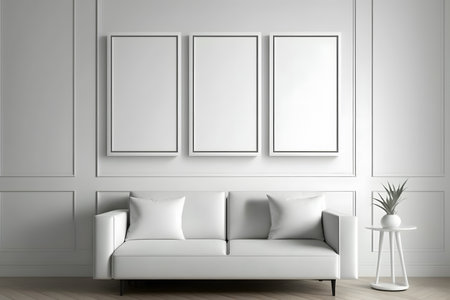 Living room interior with white sofa and empty posters on the wall. Mock-up, 3D Renderingの素材