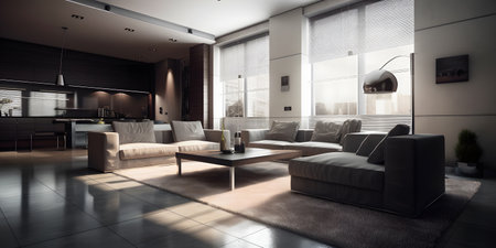 Interior of modern living room with sofa and coffee table. 3d renderの素材