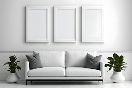 3D render of a modern living room interior with two white mock up poster framesの素材