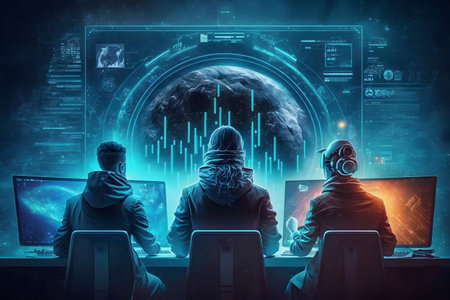 Back view of two hacker in hoodie looking at globe hologram. Hacking and malware concept. double exposureの素材