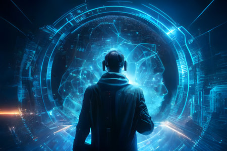 Back view of young man in headphones looking at digital planet hologramの素材