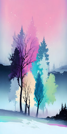 Winter landscape with pine trees and fog in the forest. Vector illustration.の素材