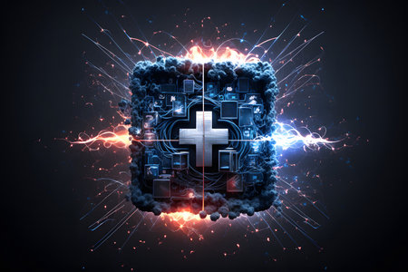 Futuristic abstract background with circuit board and glowing cross. 3D renderingの素材