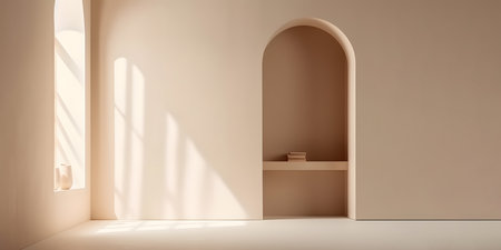 3d render of empty room with arched window and white floorの素材