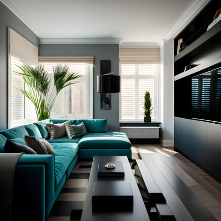 interior of modern living room with blue sofa and black coffee tableの素材