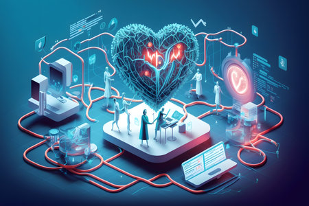 3d rendering of human heart with medical symbols and devices on blue backgroundの素材