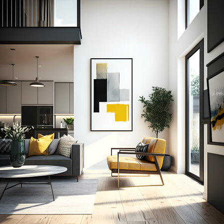 Modern living room interior design with yellow armchair, coffee table, sofa, coffee table and poster. 3D Renderingの素材