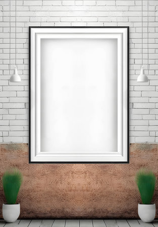 Blank picture frame on brick wall background. 3d illustration.の素材
