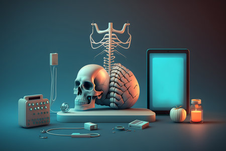 Digital illustration of human skeleton and mobile phone in blue background. 3D rendering.の素材