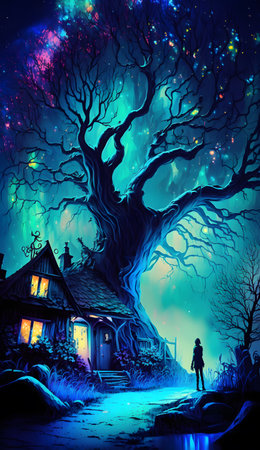 Halloween background with witch, haunted house and tree. Vector illustration.の素材