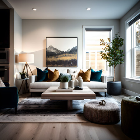 Interior of a modern living room with a sofa and a coffee tableの素材