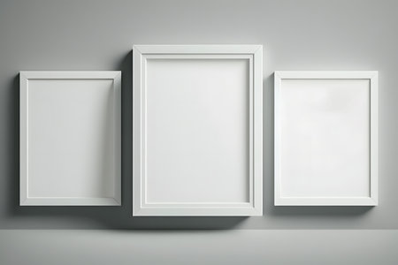 Blank white picture frames on gray wall. 3d render illustrationの素材