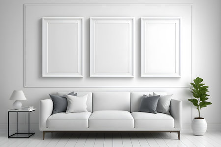 Interior of a modern living room with white sofa 3D renderingの素材