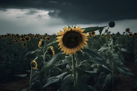 Sunflower field with stormy sky, monochrome image.の素材