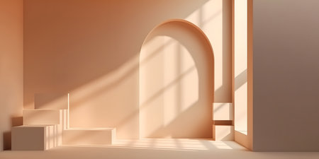 Abstract minimal scene with podium and arch. 3d render illustration.の素材