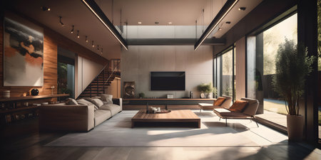 Modern living room interior design. 3d rendering mock up toned imageの素材
